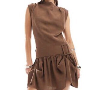 ASOS DESIGN cowl neck hitched hem cupro mini dress in brown